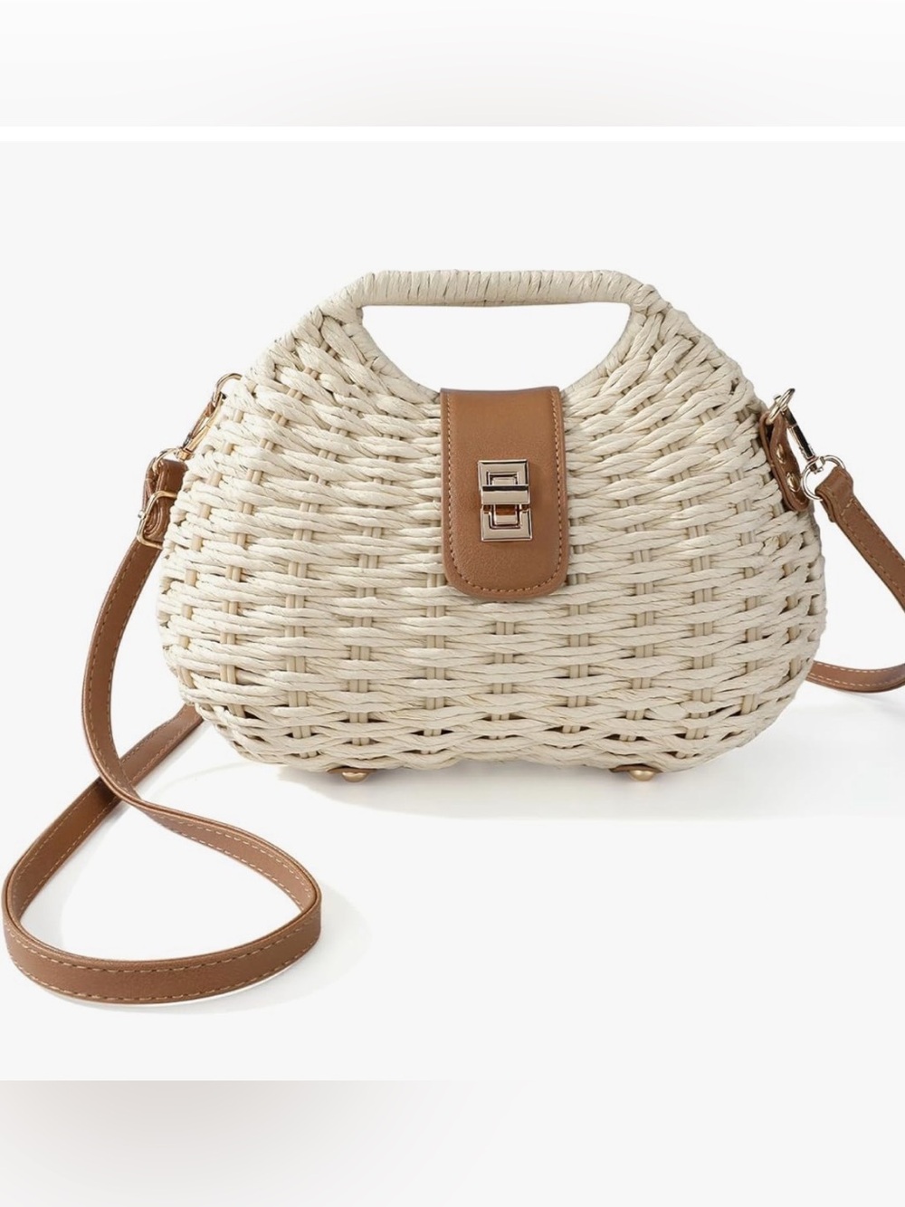 Woven Straw Crossbody Bag Elegant Beige Summer Handbag with Faux -Leather Trim